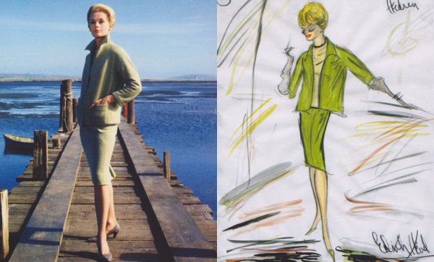 העיצוב של אדית' הד, מול טיפי הדרן כ"מלאני" ב"הציפורים" 